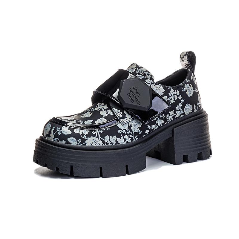 Guochao style flower cloth loafers 2025 spring new casual versatile Mary Jane thick heel small leather shoes single shoes