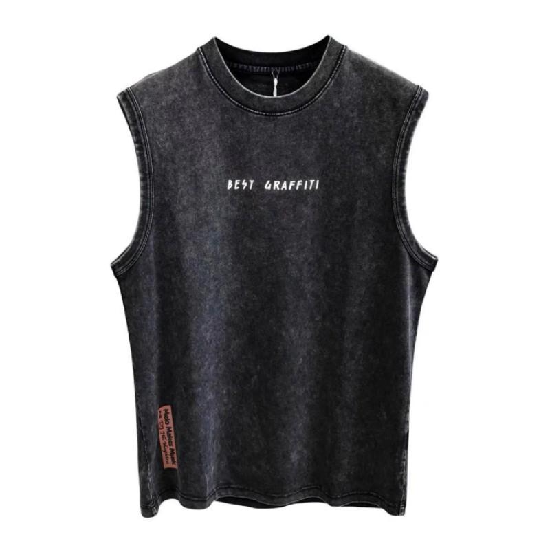 Erkek Yazlık Bol Kolsuz Tişört Vintage Kar Tanesi Yıkanmış Pamuk Spor Atlet