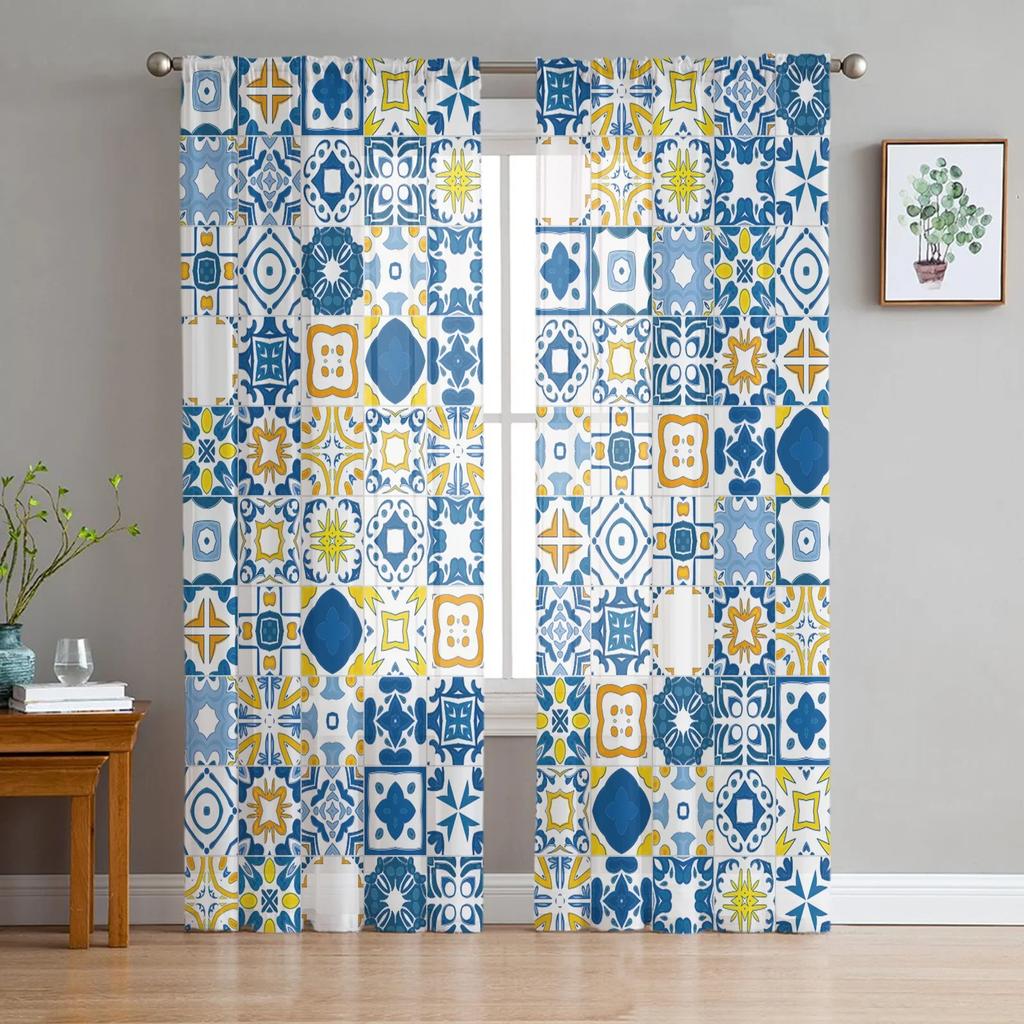 Portuguese Ethnic Flower Ceramic Tile Tulle Sheer Window Curtains for Living Room Bedroom Modern Voile Organza Curtains Drapes