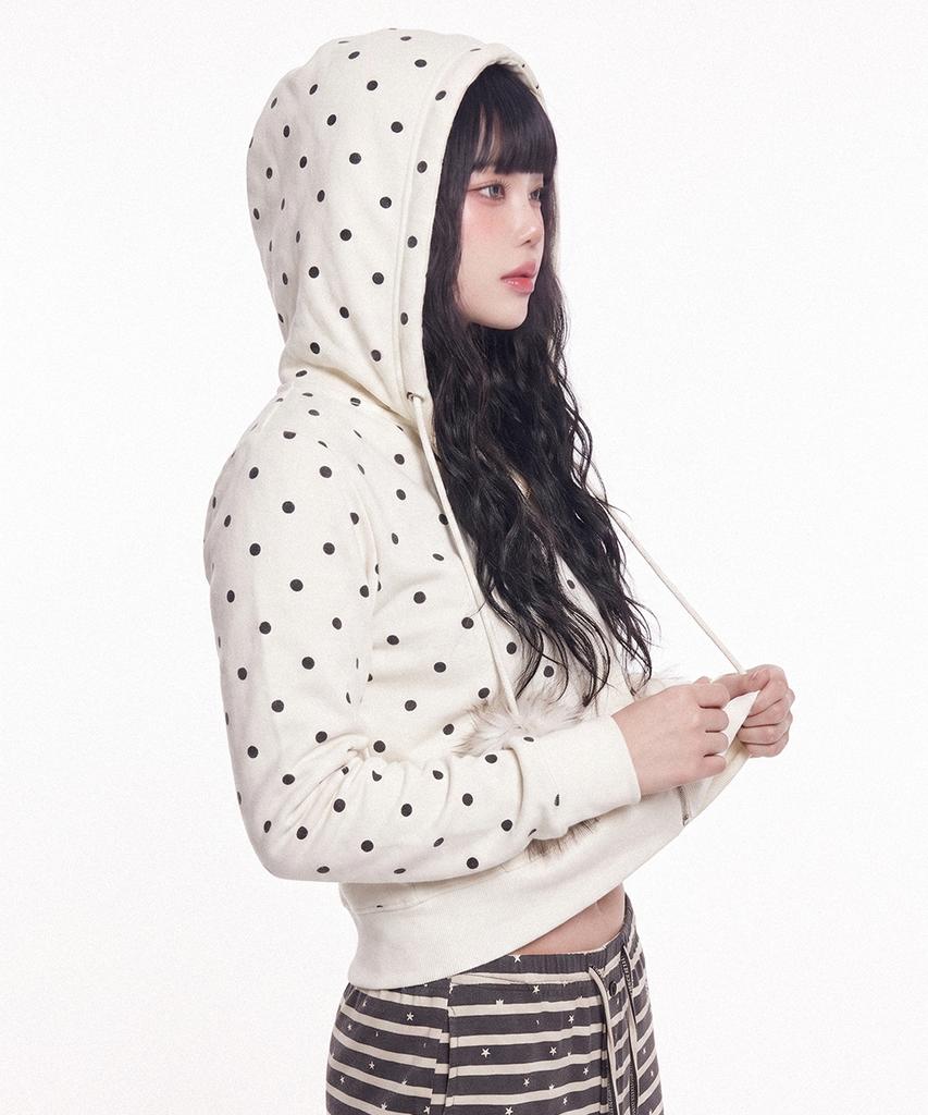The Green Lab Fur Hood Dot Zip-Up [White]