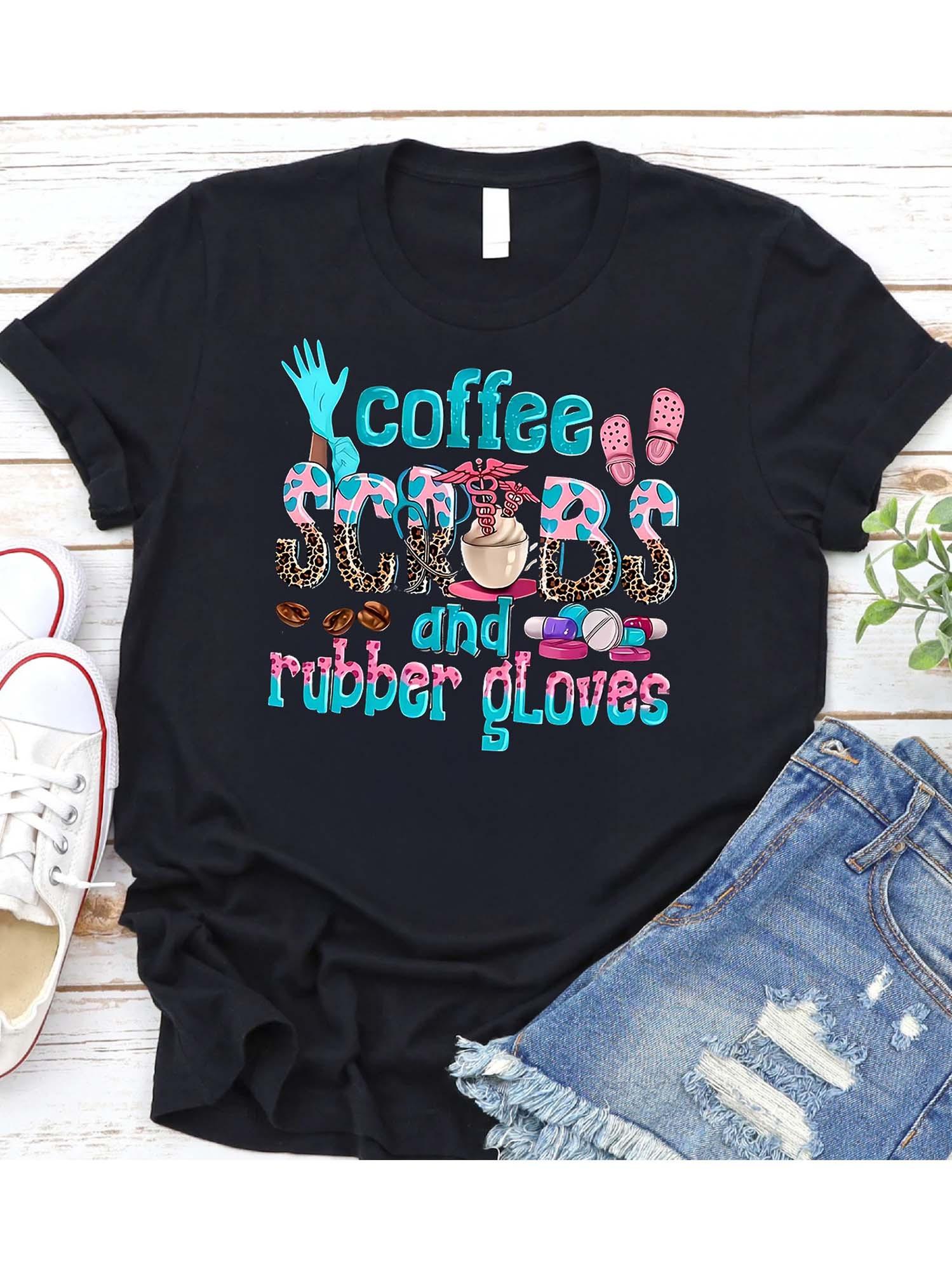 Pure Cotton Black Women s T - Shirt: Playful Coffee, Scrubs and Rubber Gloves Pattern S разноцветный