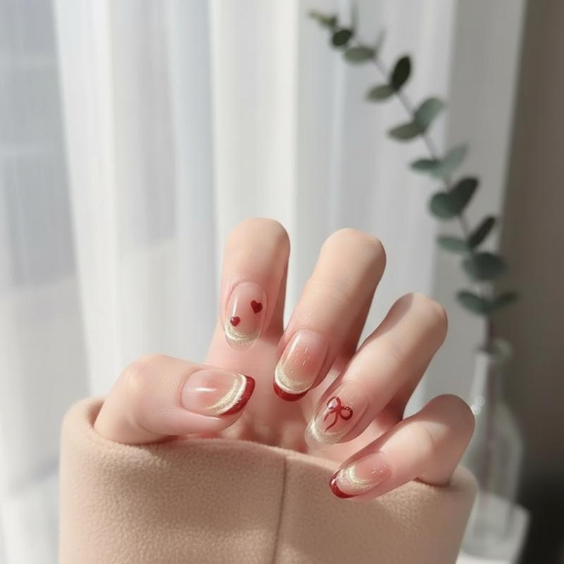 Glue-Free False Nails Short Square-Shaped 16Mm Nails Bows And Hearts Pattern Cat-Eye Decoration