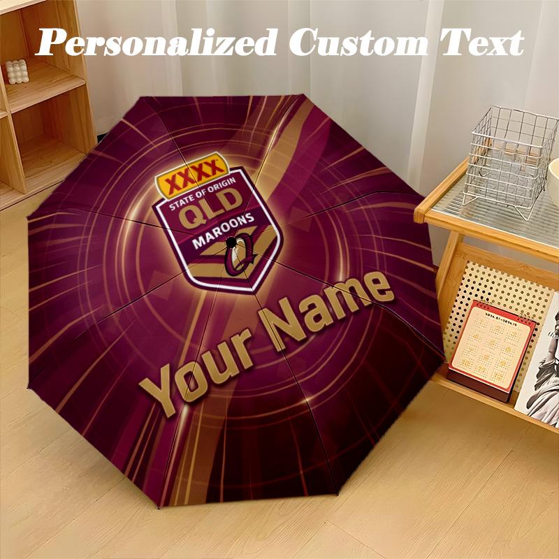 Queensland Maroons Automatic 8‑ribs Umbrella, Custom Name Text Personalized Folding Umbrella Rain Sun Gift