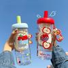 New Plastic Water Bottle Cute Design Cartoon Apple Pattern Drinking Bottle Red Color Straw Water Cup for Women Girls