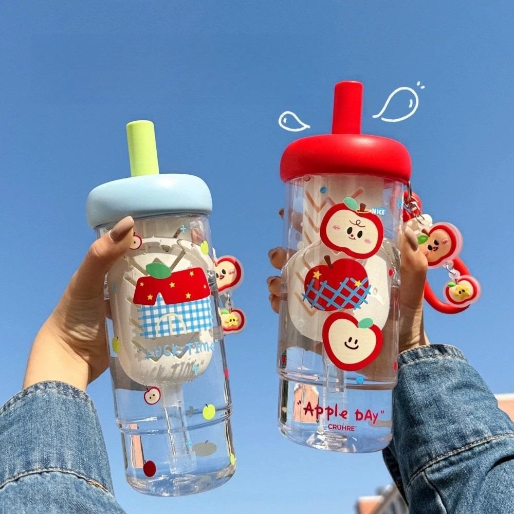 New Plastic Water Bottle Cute Design Cartoon Apple Pattern Drinking Bottle Red Color Straw Water Cup for Women Girls