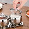 Refillable Condiment Jars 304 Stainless Steel Spice Jar Set, Seasoning Container with Glass Lid & Spoon, Rustproof Kitchen Salt Sugar
