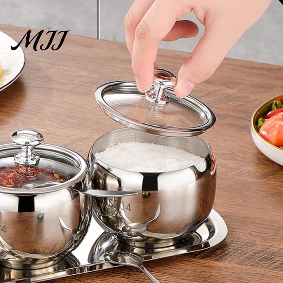 Refillable Condiment Jars 304 Stainless Steel Spice Jar Set, Seasoning Container with Glass Lid & Spoon, Rustproof Kitchen Salt Sugar