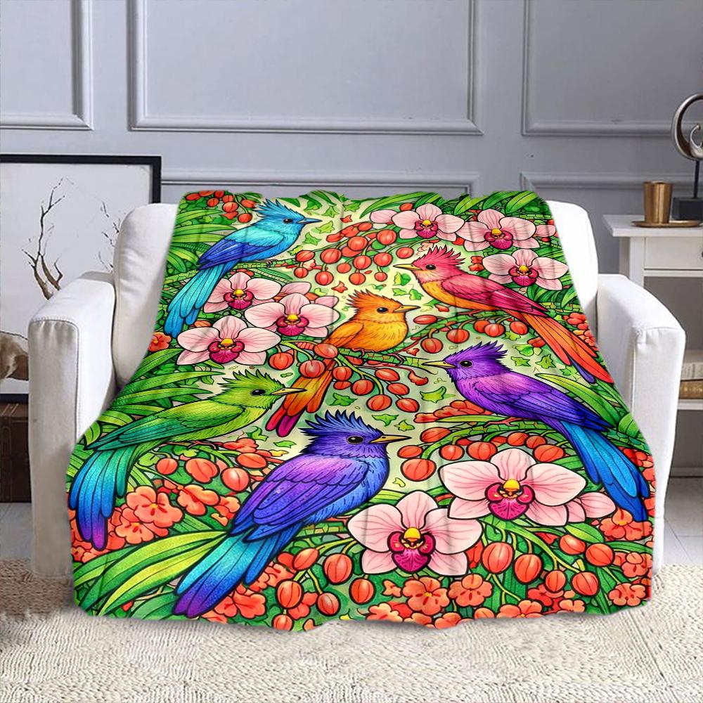 Colorful Birds and Orchids Garden Scene Patterned flannel blanket perfect for the bedroom living room, sofa, or a little nap