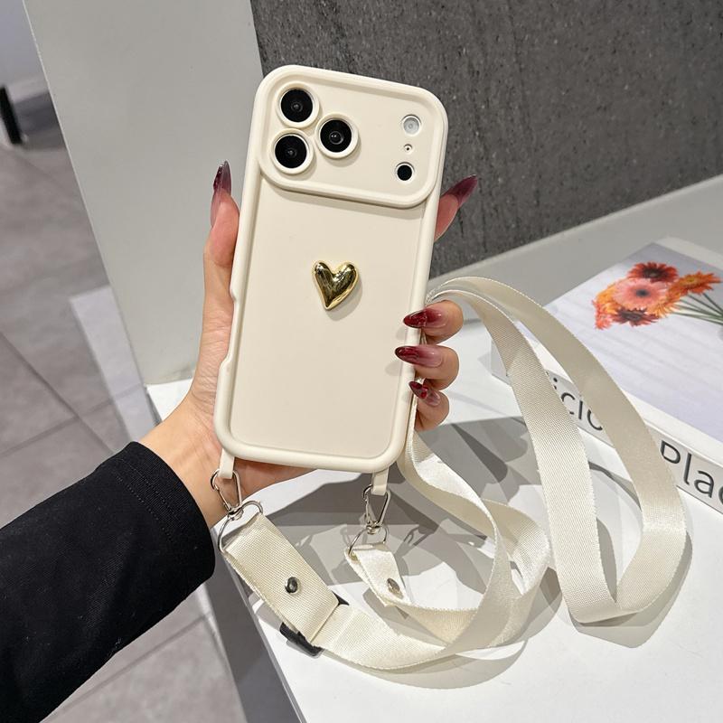 

Cute 3D Golden Love Heart Soft Case For iPhone 17 11 12 13 14 15 Pro Max 16 Plus Crossbody Necklace Strap Lanyard Cover For iPhone 17 белый