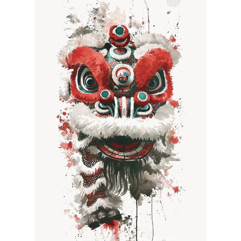 Modern Colorful Chinese Lion Dance Ink Wash Style Posters and Prints Canvas Printing Wall Art Picture for Living Room Decoration