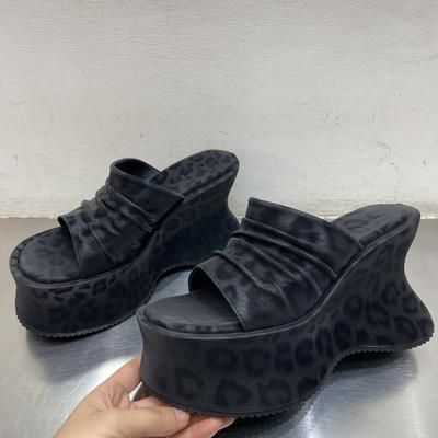 Women's Folded Leopard Print Platform Slides Thick Bottom Sandals Slip-On Summer Flats Silk Upper Cross-Border Shoes