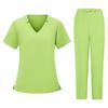 Women's Short Sleeved Color V Neck Pocket Top Pants Work Clothes Two Piece Set