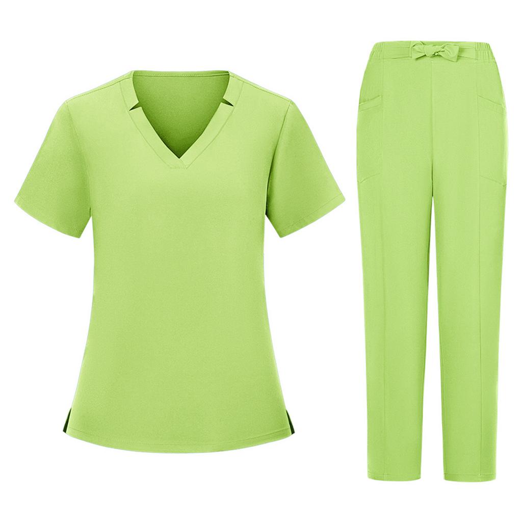 Women's Short Sleeved Color V Neck Pocket Top Pants Work Clothes Two Piece Set