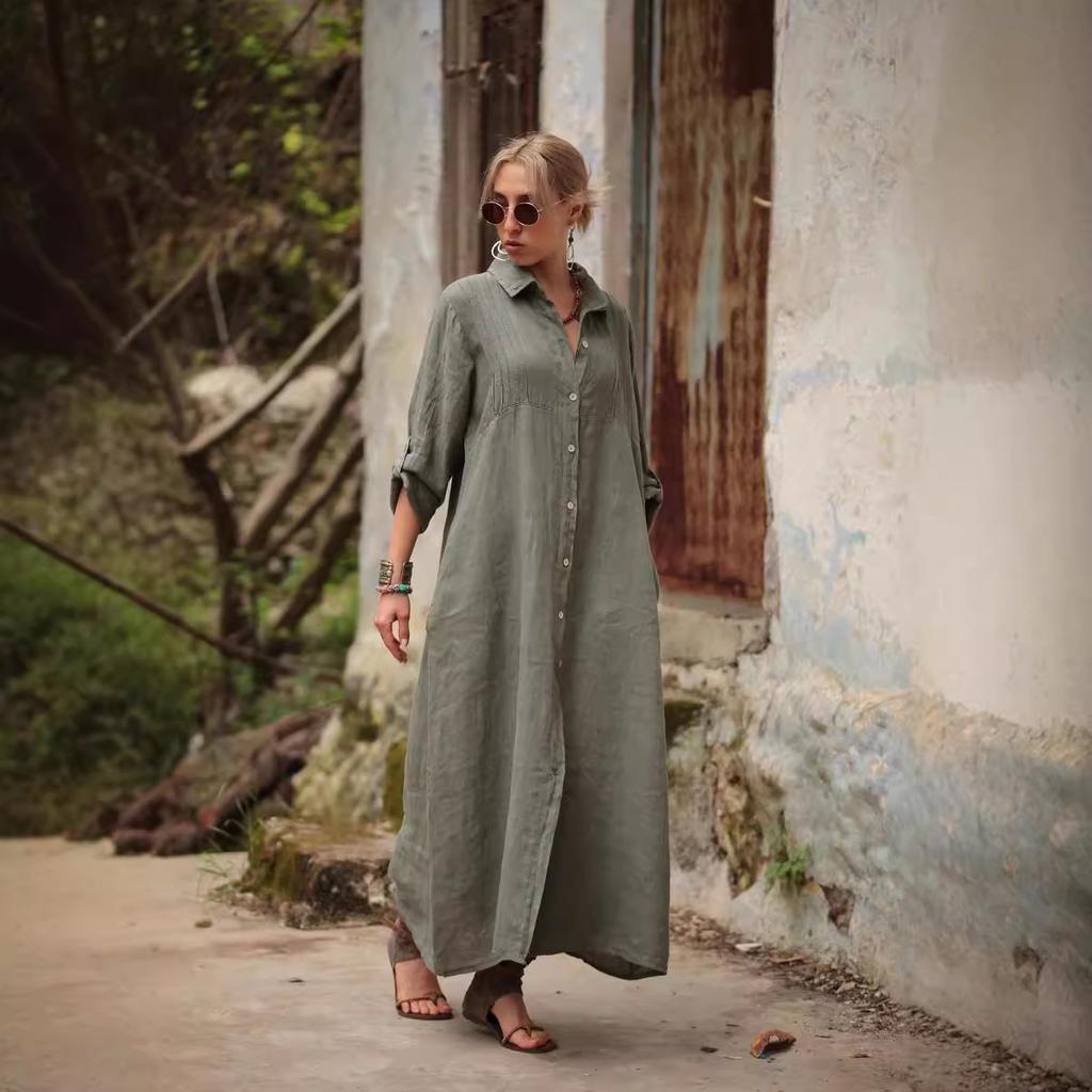 Women Long Sleeve Button Down Maxi Shirt Dress Loose Fit Casual Lapel Collar Long Robe Solid Color