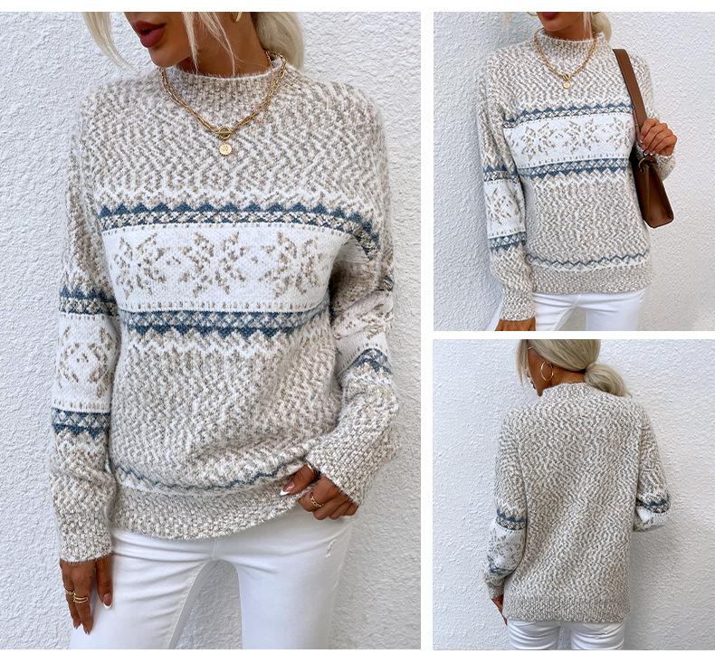 Popular OZON autumn and winter women's clothing Christmas snowflake pattern semi-turtleneck sweater needle
