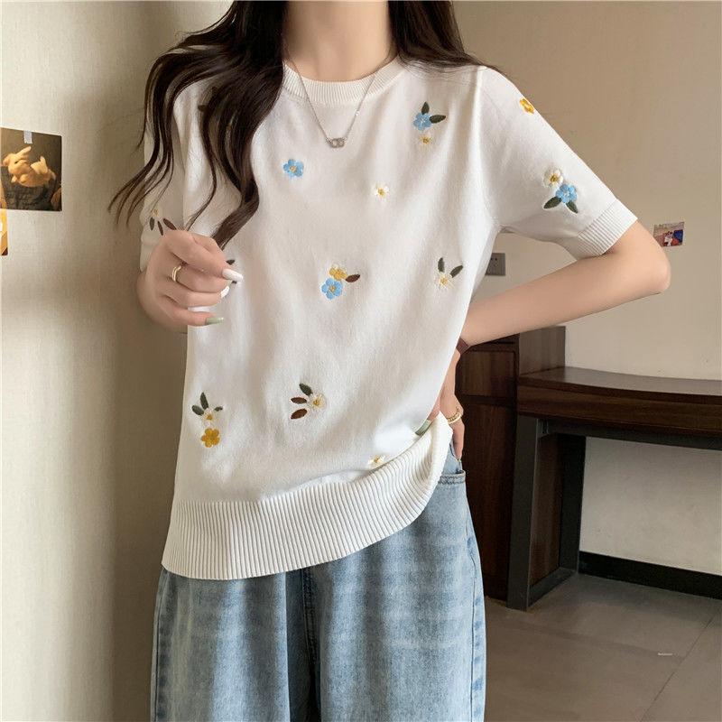 Ice Silk Slimming Temperament Top Women's Design Sense Knitted Shirt Summer Shoulder Short Sleeved T-shirt