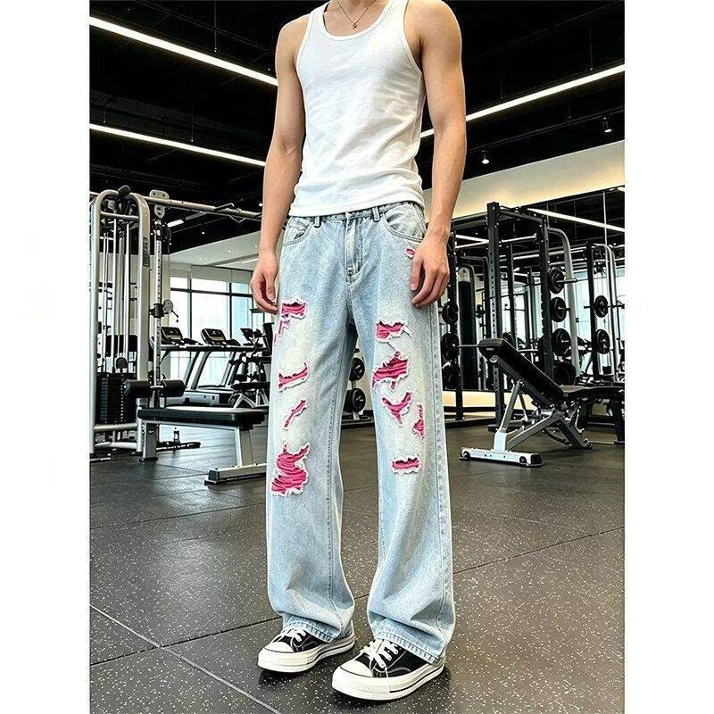 Blue washed ripped jeans men's ruffian handsome contrasting color slightly machete pants cleanfit straight pants