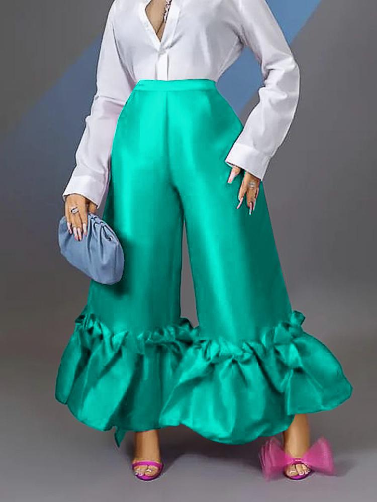 Women High Waist Flare Pants Wide Leg Big Size Shiny Ruffles Trumpet Bell Bottoms Trousers