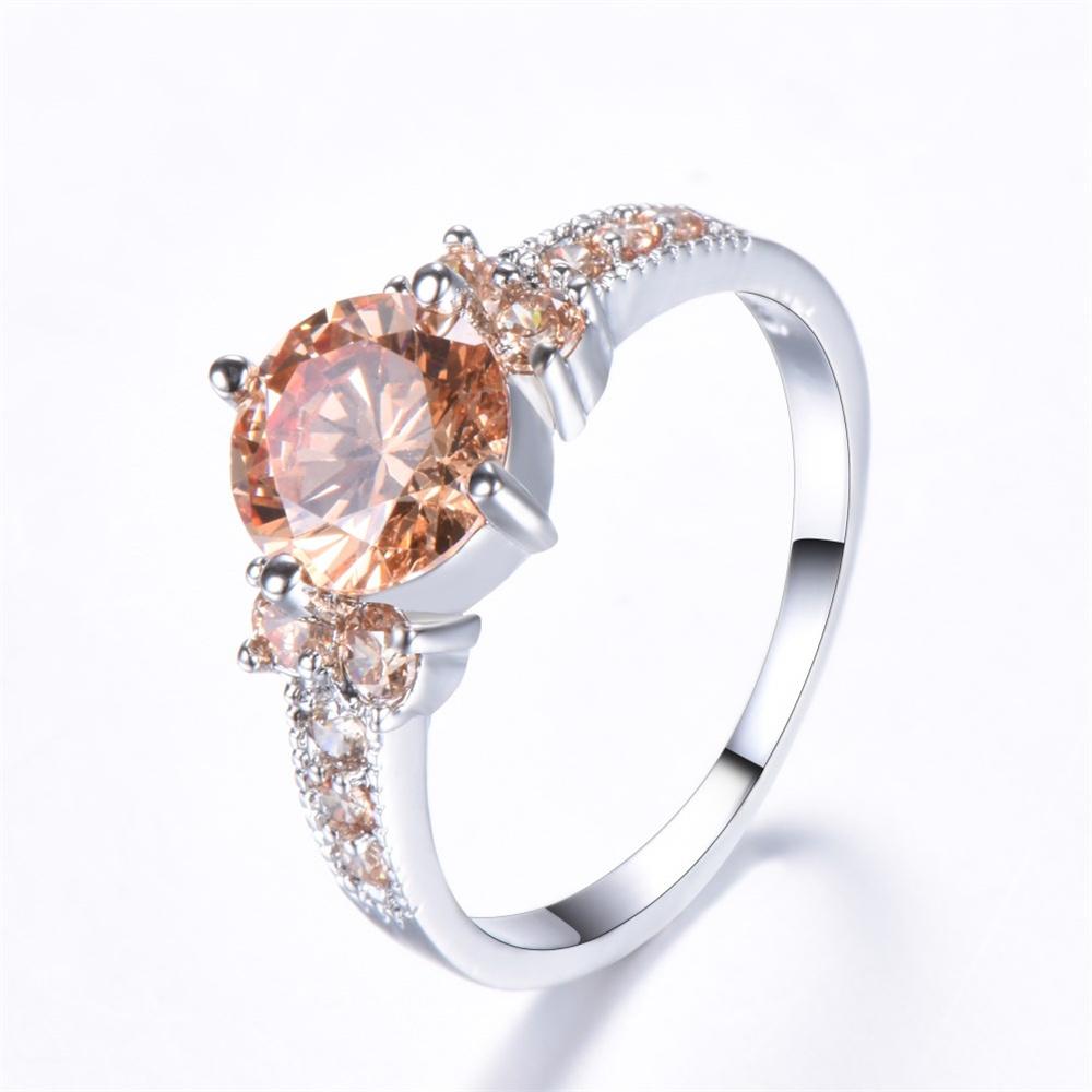 Purple Crystal Champagne Zircon Round Stone Rings For Women Classic Silver Color Wedding Band Engagement Jewelry Birthstone Gift