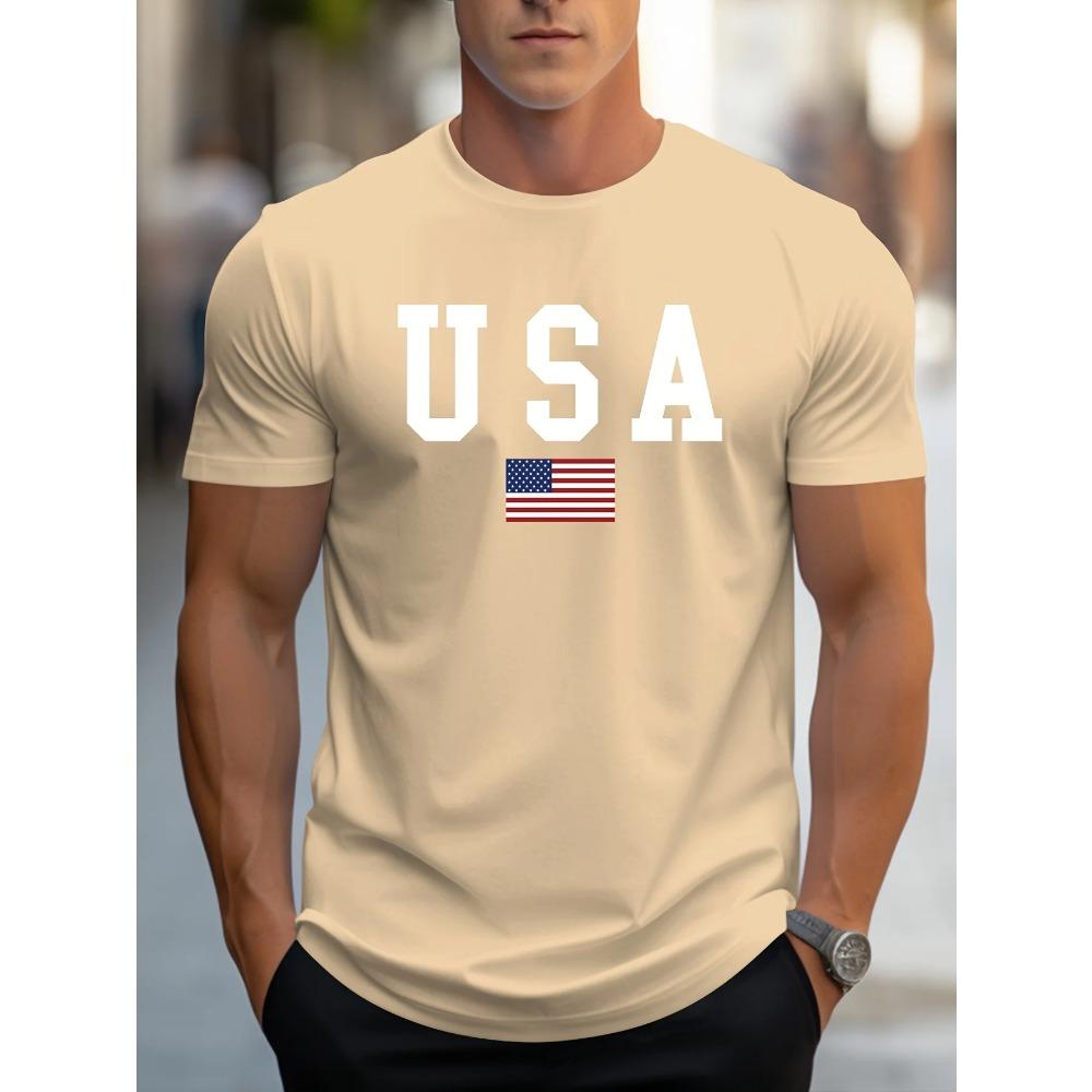Men's 100% Pure Cotton Summer Loose Fit Large Usa Print Casual Slim Fit Round Neck Short Sleeved T-shirt Top