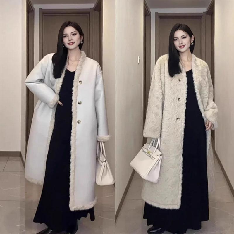 Fur integrated V-neck double-sided wearable coat extended winter coat to keep warm new environmentally friendly fur