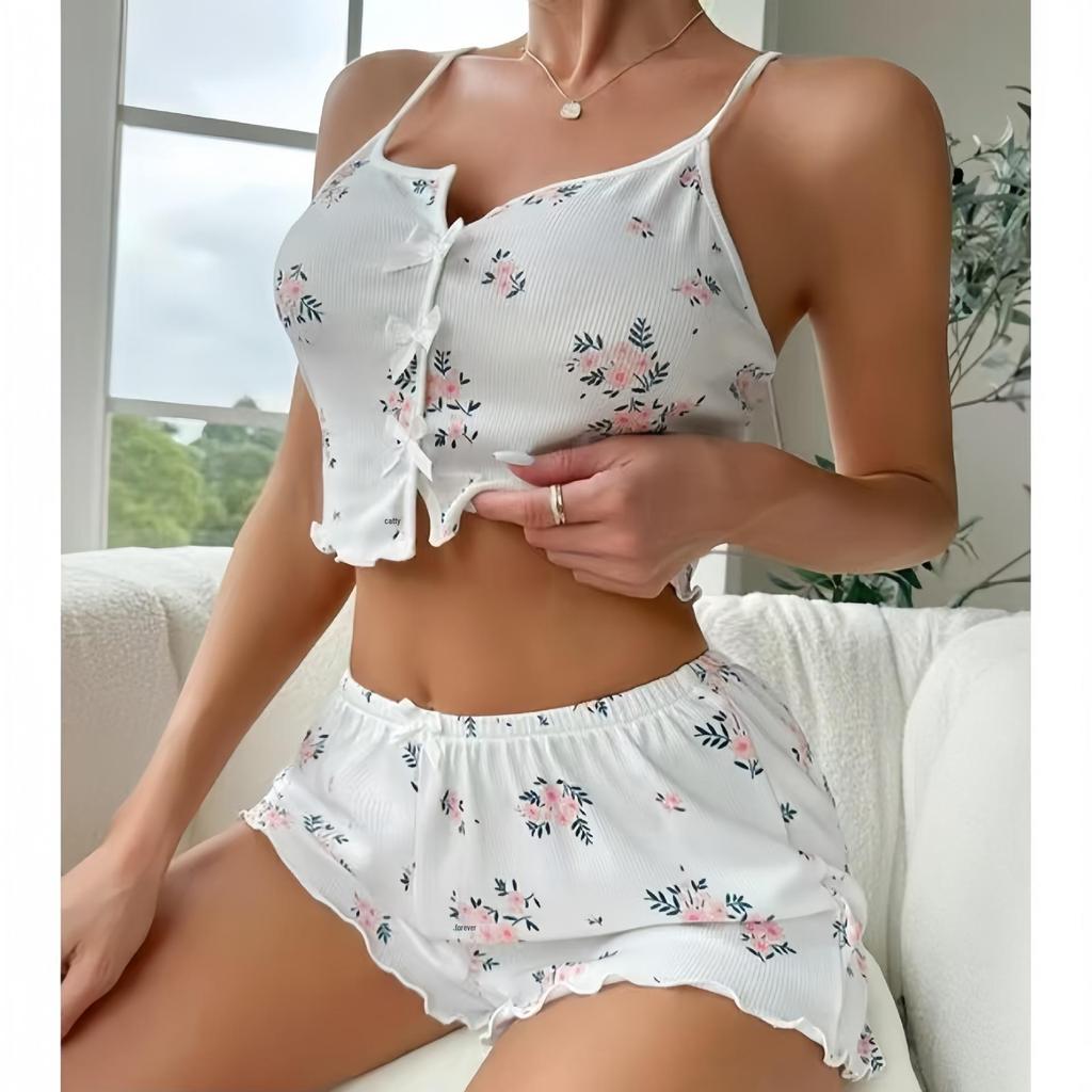 Heart-shaped Eyelash Print Ribbed Pajama Set - Camisole & Shorts