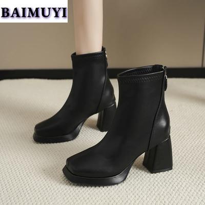 Square Toe Women High Heels Ankle Boots Fashion Chunky Leather Shoes 2025 Trend New Retro Fad Chelsea Cozy Pumps Botas De Mujer