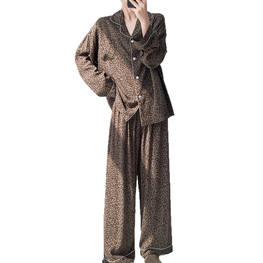 Leopard print lapel pajamas women's spring and summer long-sleeved cardigan homewear autumn cool cotton and silk suit can be worn outside large size