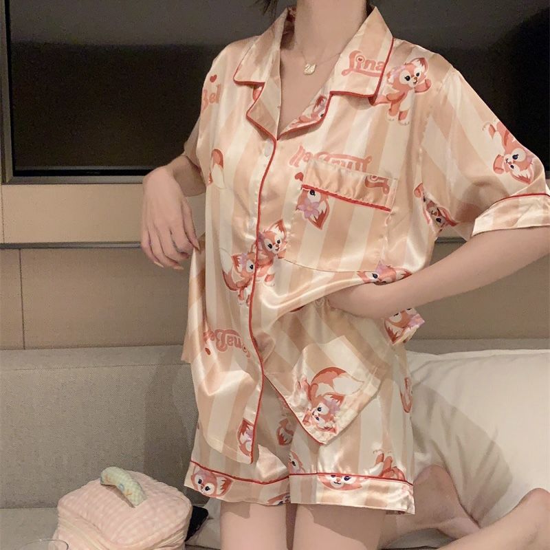 Pyjama en soie glacée pour femme en été à manches courtes, ample et luxueux, ensemble de vêtements de maison fins