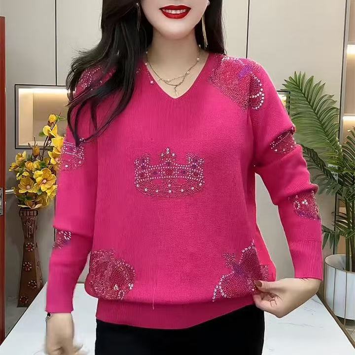 Spring Autumn Women's Plus Size Sweater Thin Loose Fit Rhinestone V-Neck Pullover Knit Top
