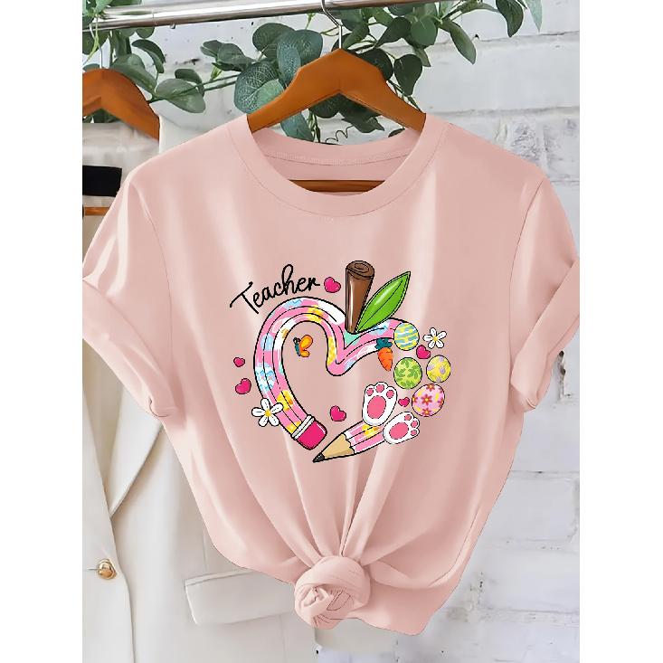 Women's Teacher Heart-shaped pencil short sleeve shirt One-piece Easter outfit T Shirt Teacher's Outfit for Holiday Outings 2026 New Spring and
