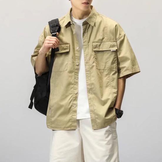Men Shirt Solid Color Hip-hop Cool Young Style Buttons Loose Type Single-breasted Cardigan Lapel Summer Shirt Men Clothes