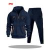Mens Hoodie Sweatshirt Set Solid Color Multi-Zipper Pockets Casual Wear