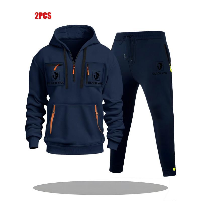 Mens Hoodie Sweatshirt Set Solid Color Multi-Zipper Pockets Casual Wear