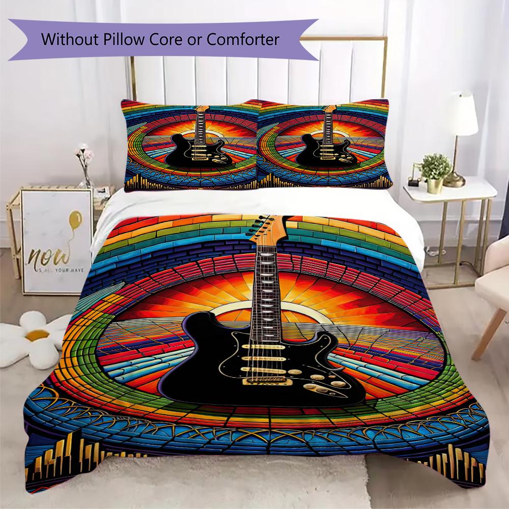 1PC Electric guitar Theme Bedding Quilt Set Quilt Cover Pillowcase Home Decoration Birthday Gift (1 * duvet cover + 2 * pillowcase, without core)A3
