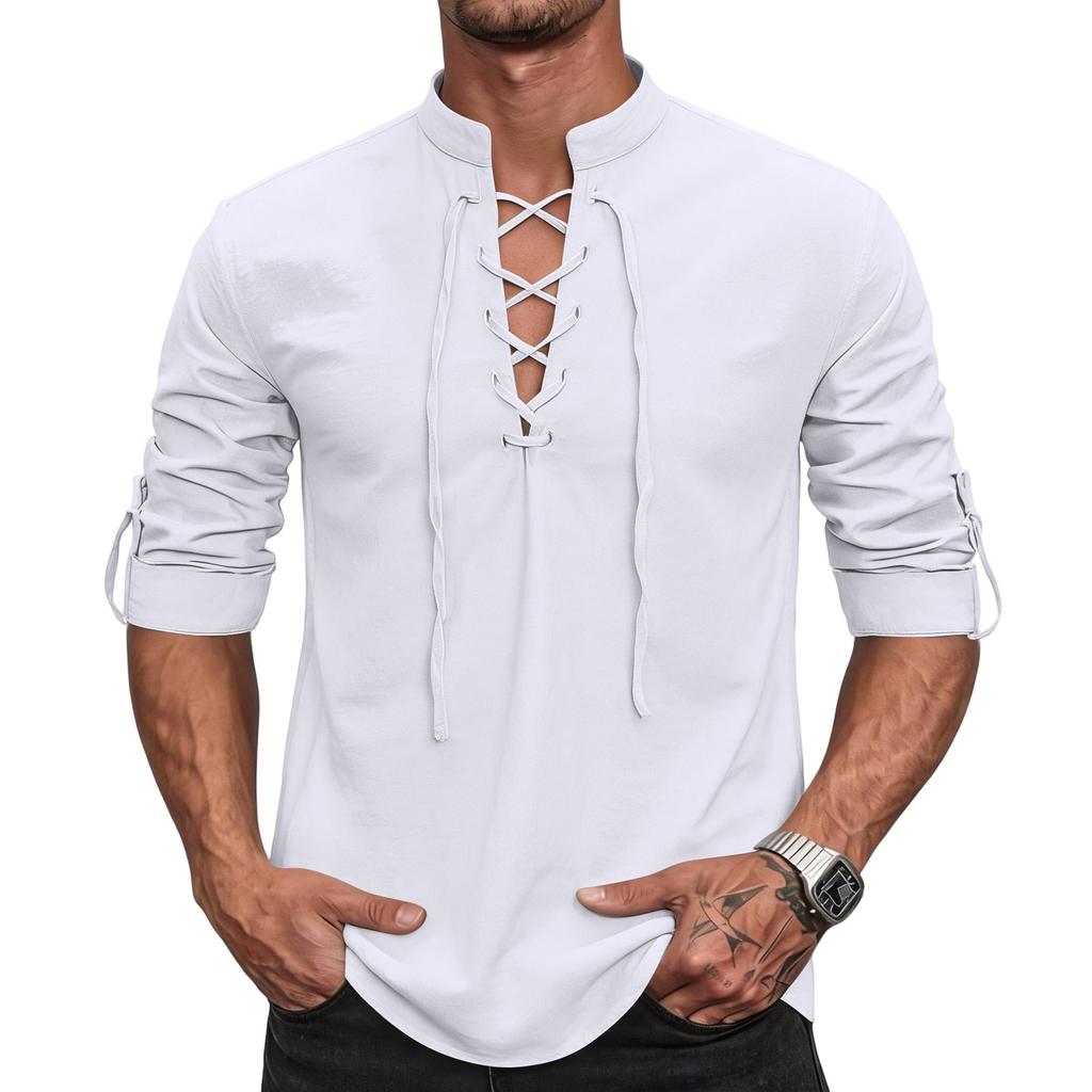 Men's Long Sleeve Shirt - Cotton Linen, Vintage , Button Stand Collar