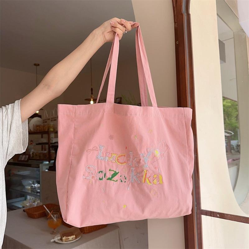 Summer canvas embroidery casual lazy style literary hand carry shoulder bag shopping bag canvas schoolbag