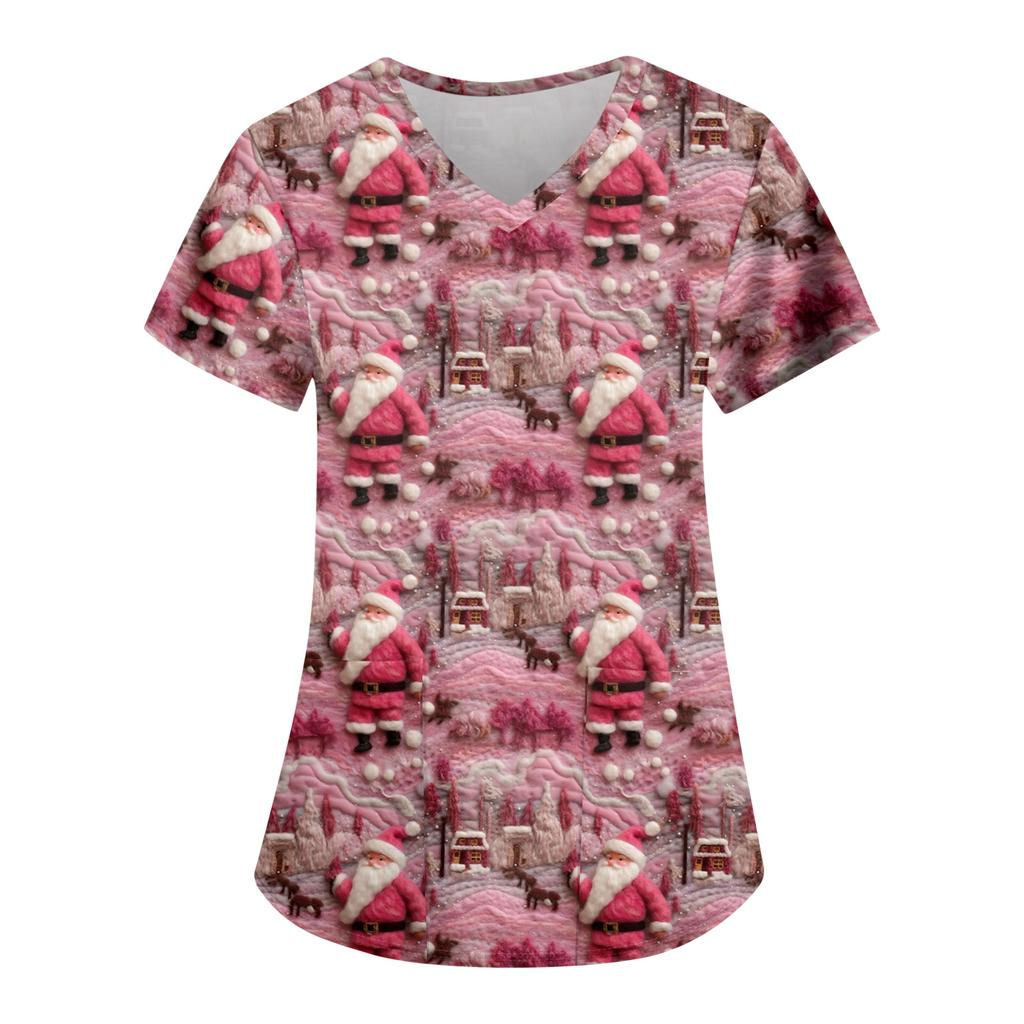 Women's Fashion Casual Christmas Print Pocket T-shirt Top