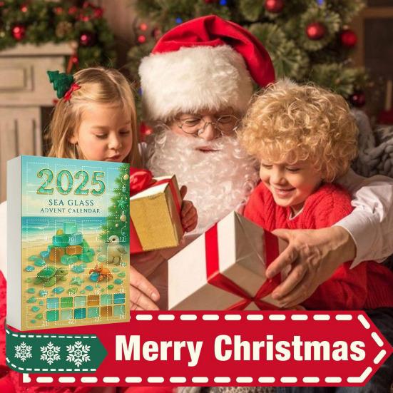 Adventní kalendář Vánoční strom z mořského skla 2025 24 dní Odpočítávání svátků s mini ozdobami z mořského skla Dekorace vánočního stromku s oceánskou tématikou