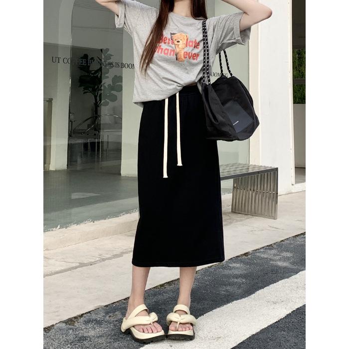 

Юбка А-силуэта из черного хлопка с высокой талией и разрезом - женская весна/лето, средняя длина Medium чёрный