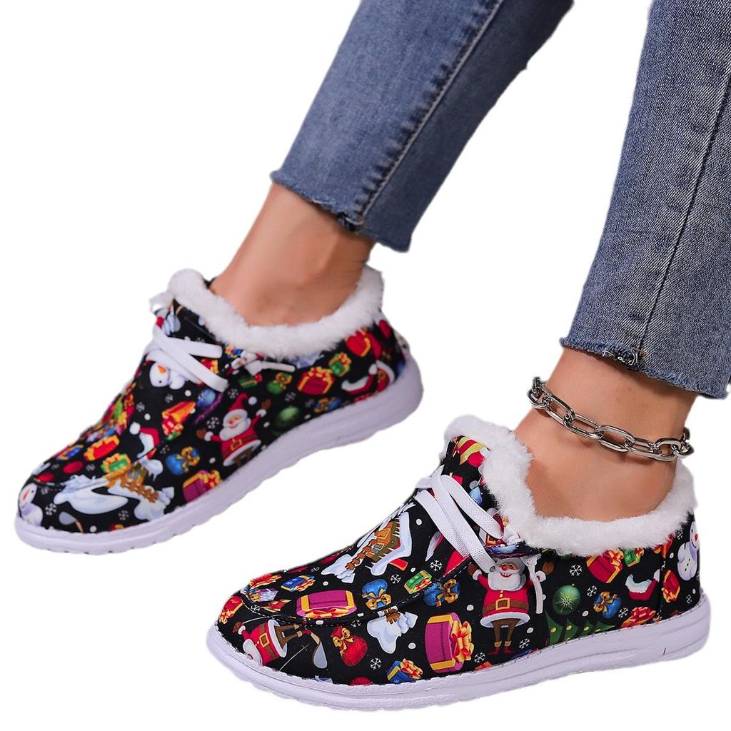 Autumn and Winter New Plus-size Christmas Fur Collar with Thickened Fleece and Versatile Warm Flat Round Toe Cotton Shoes