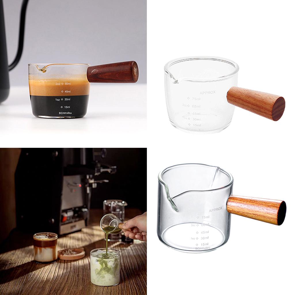 Clear Scale Heat Resistant Measuring Cup with Wooden Handle Small Glass Ounce Cup for Coffee Barista Kitchen