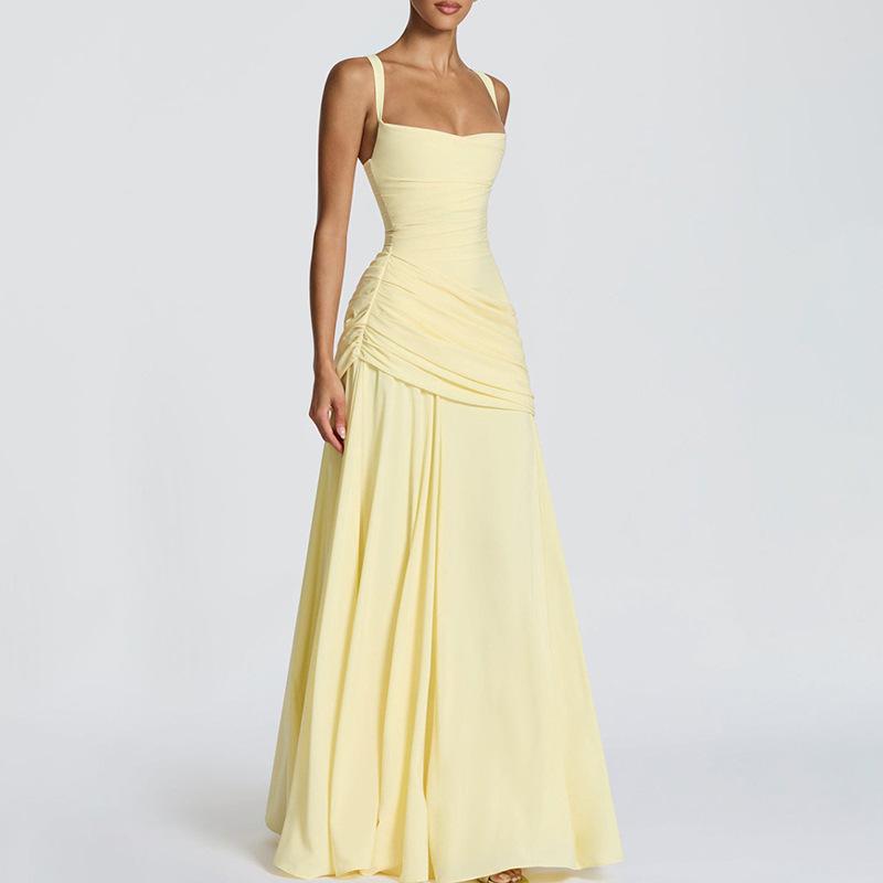 Rock Damen Sommerkleid, Europäische und Amerikanische Damenbekleidung, Strandurlaub Stil Einfarbig Taille Hosenträgerkleid