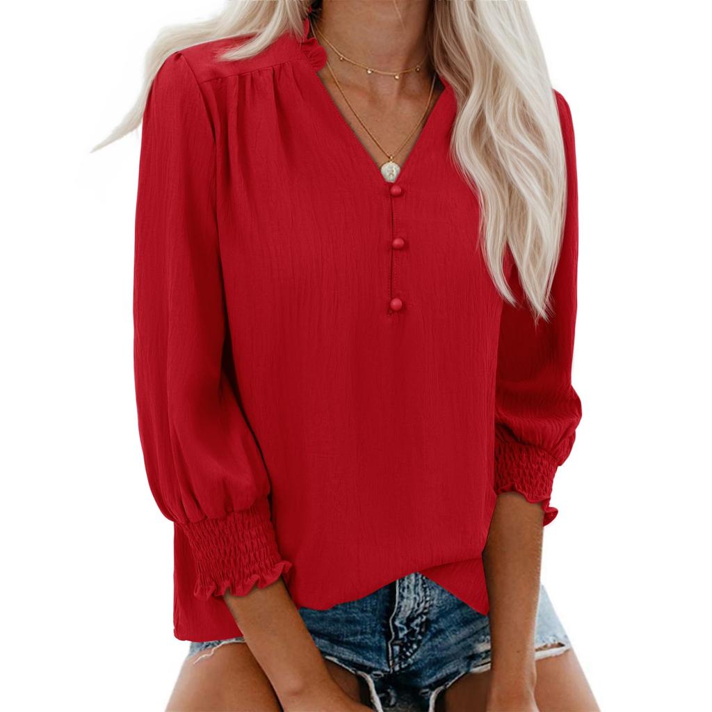 Women's Casual Fashionable V-Neck Blouse With Elasticated Cuffs