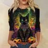 Dámské módní ležérní top s tříčtvrtečním rukávem a halloweenským potiskem, kulatý výstřih