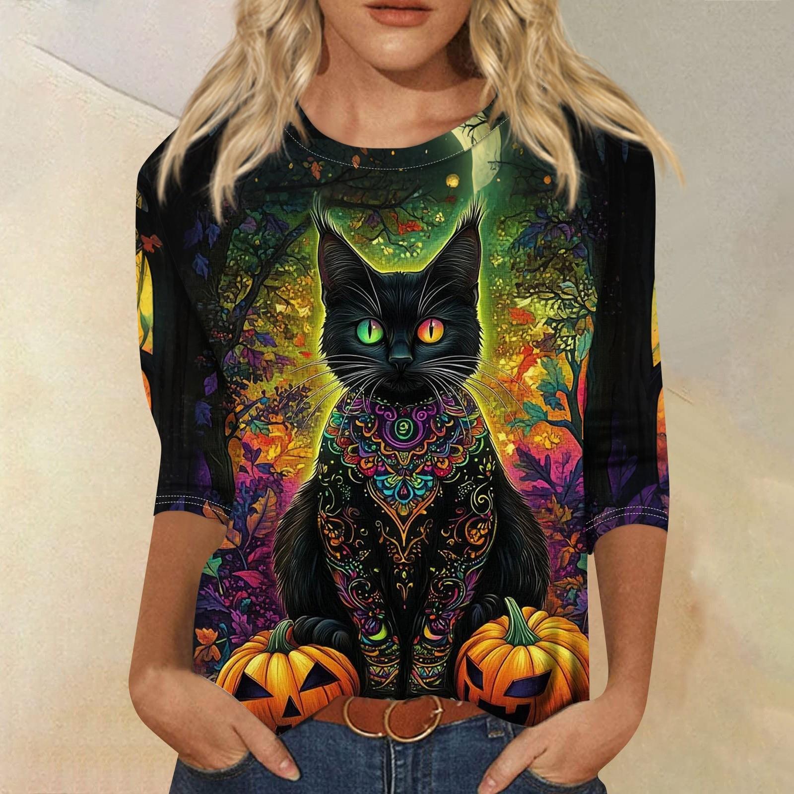 

Женская модная повседневная футболка с рукавом три четверти и принтом на Хэллоуин, с круглым вырезом S чёрный