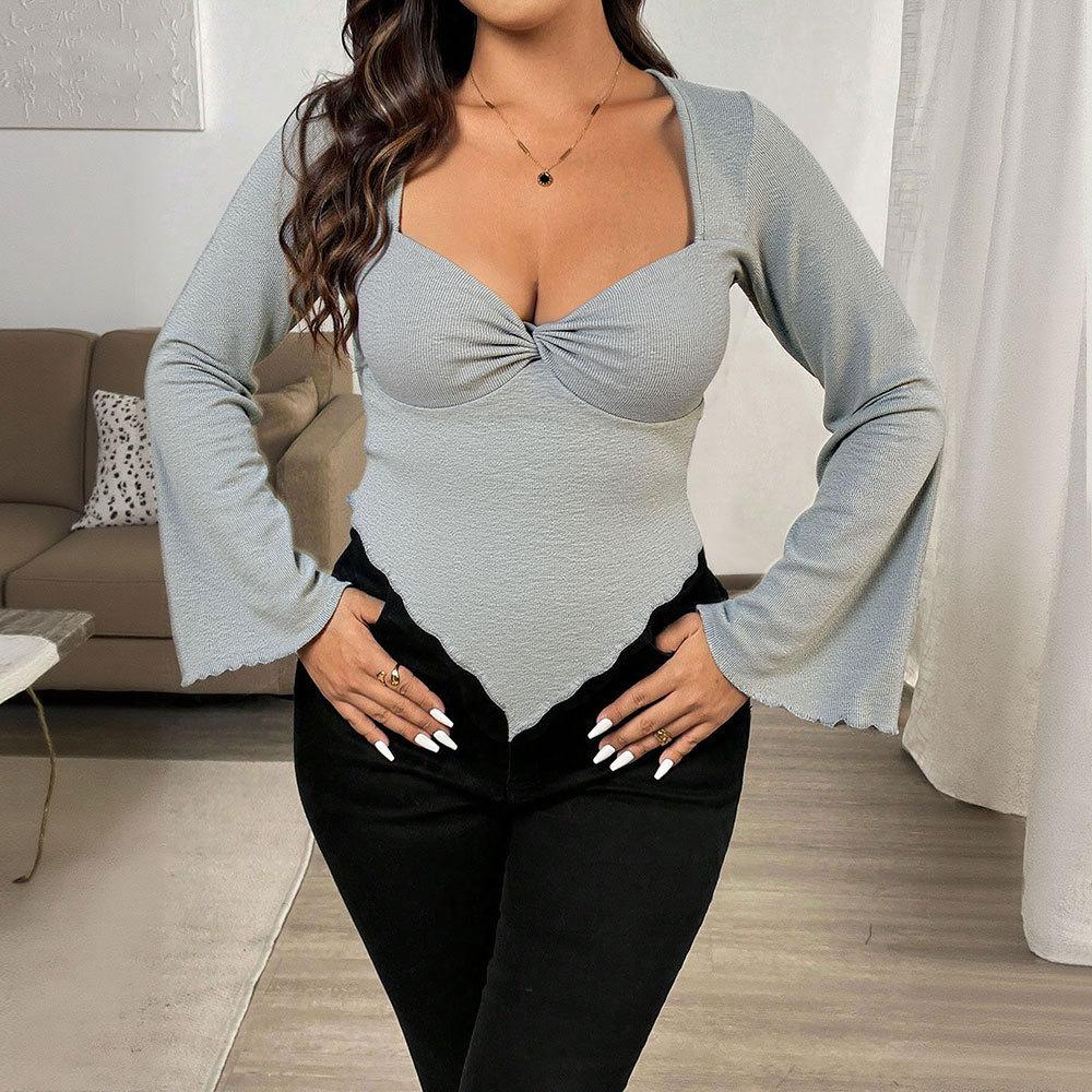 European and American women's T-shirt Sexy slim-fitting v-neck horn sleeve waist irregular knitted long-sleeved T-shirt