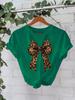 European and American High-End Leopard Print Bow-Knot T-Shirt: Women's Round Neck, Loose Short Sleeve