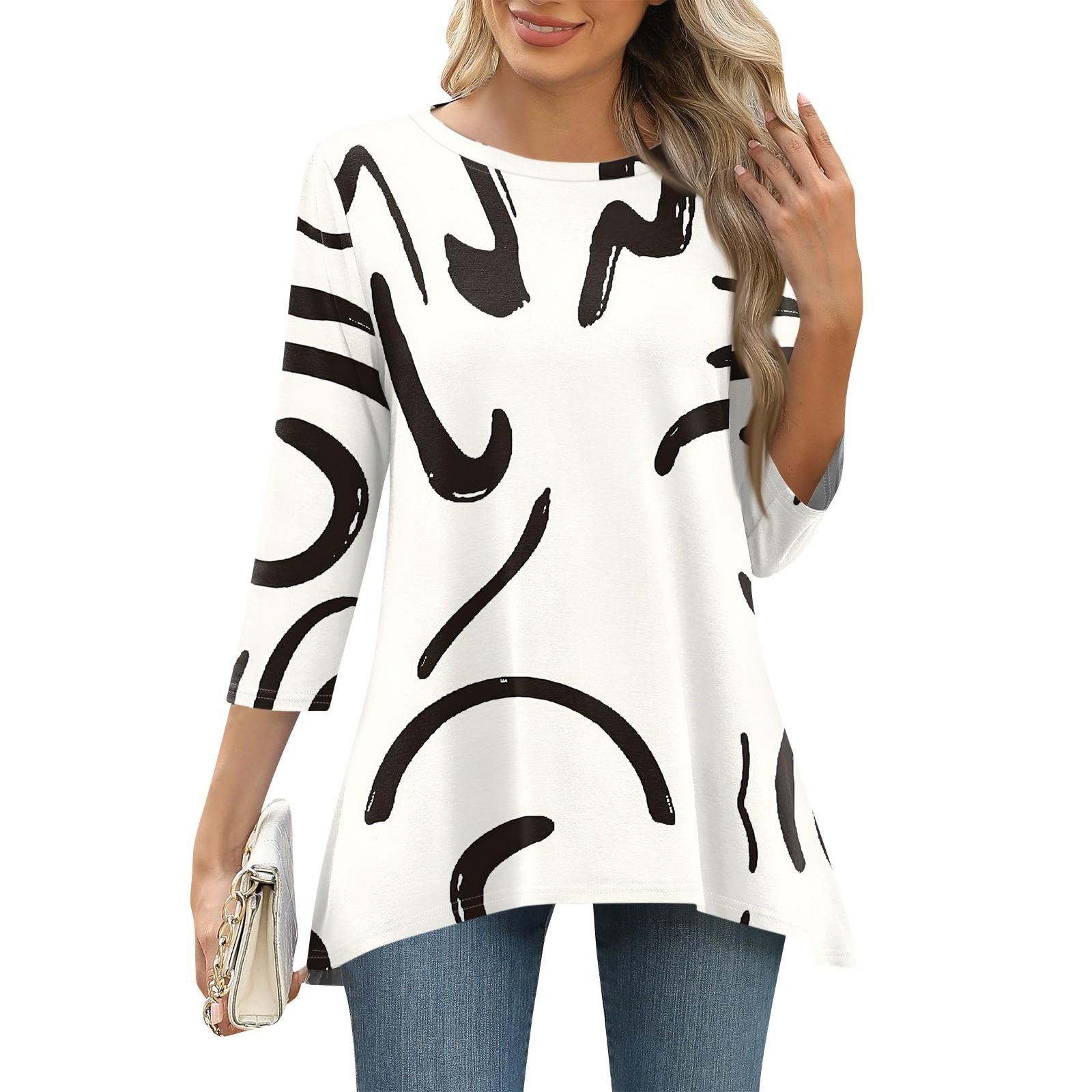 

3/4 рукав туника топы для женщин принтованный повседневный выходной свободный крой модная базовая футболка с круглым вырезом XL белый