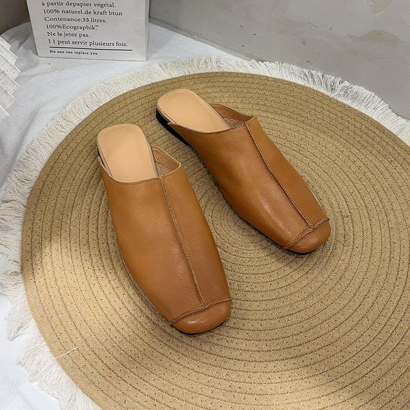 Johnature Retro Splicing Šití Ploché Pantofle Kulatá Špička Pravá Kůže Měkká Podrážka Jednobarevné Dámské Boty